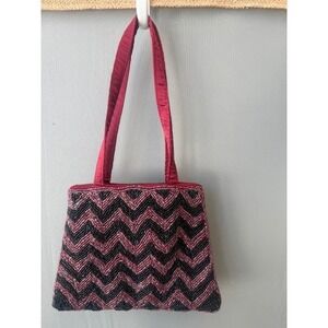 Burgundy‎ Black Beaded Mini Evening Bag Chevron Art Deco Y2K Gatsby